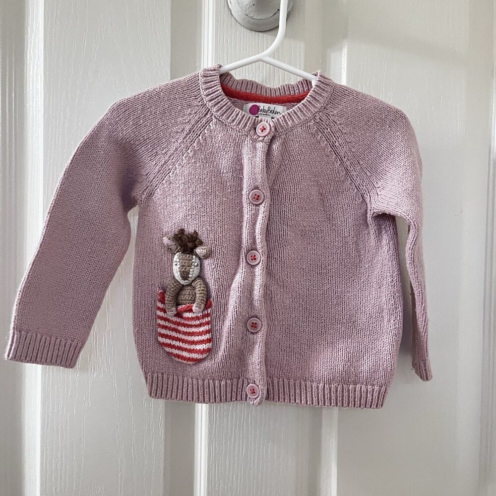 Baby Boden Pink Deer Pocket Cardigan Sweater Wool Blend Girls Size 12-18 Months